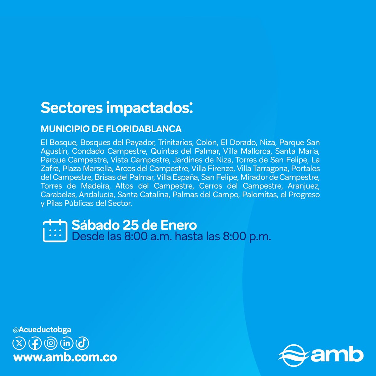 Siguen los cortes de agua en #Bucaramanga. El <a href="/acueductobga/">Acueducto Metropolitano de Bucaramanga</a> anuncia nuevas alteraciones del suministro este sábado para algunos barrios en el Área Metropolitana.