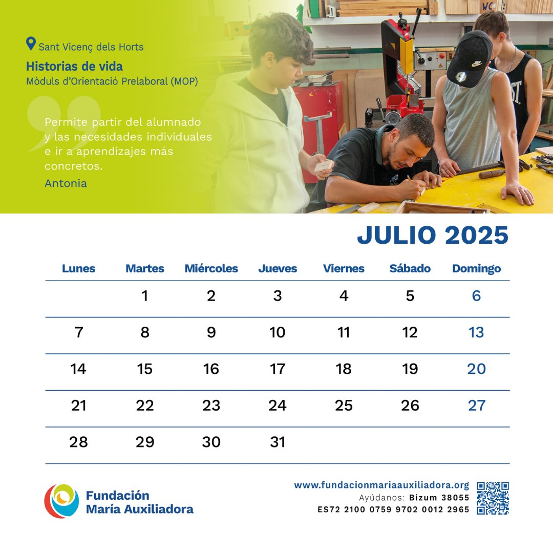 📆 Este mes, en el calendario de julio compartimos el testimonio de Antonia, del MOP en #FdMA_SantVicenç.

🥰 «Permite partir del alumnado y las necesidades individuales e ir a aprendizajes más concretos.»

#Confía