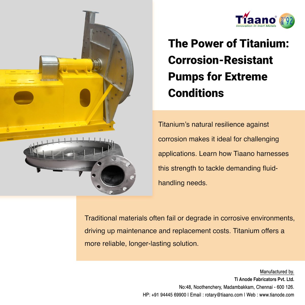 equipments_ti's tweet photo. Tiaano's titanium pumps redefine durability and efficiency, offering a corrosion-resistant solution for extreme environments and critical applications. 🌊🔧

#InnovationInAction #TitaniumTechnology https://t.co/zGSoQBKlFD