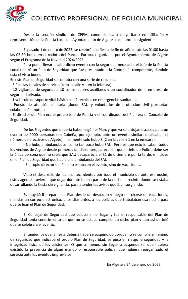 CPPM Algete Policía (@cppmalgete) on Twitter photo 📢 Escrito denuncia <a href="/CppmAlgete/">CPPM Algete Policía</a> en relación a la seguridad en la celebración de la fiesta de fin de año en #Algete 📢 Escrito denuncia <a href="/CppmAlgete/">CPPM Algete Policía</a> en relación a la seguridad en la celebración de la fiesta de fin de año en #Algete