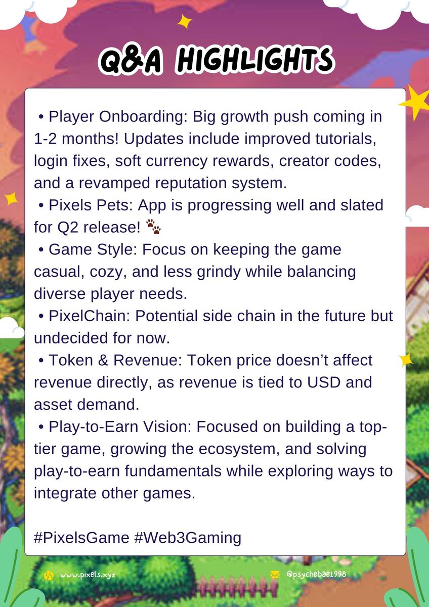 psychebae1998's tweet image. 🚀 Pixels AMA Recap: Big growth push soon with better onboarding &amp;amp; creator codes, Pixels Pets app launching in Q2 🐾, keeping gameplay cozy, exploring PixelChain, and focusing on play-to-earn fundamentals. Exciting updates ahead! @pixels_online 👀 #PixelsGame #Web3Gaming