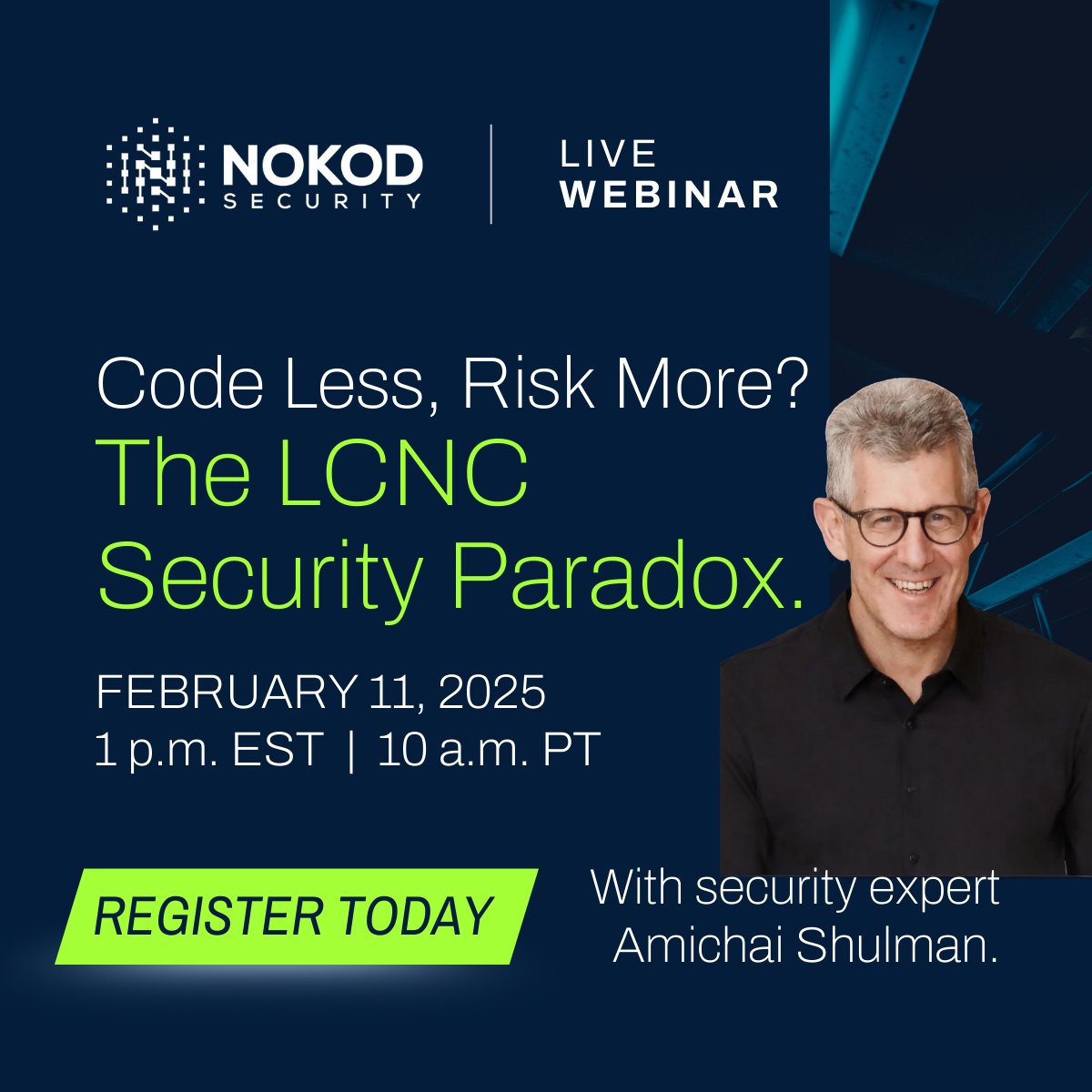 NokodSecurity's tweet image. Attention cybersecurity leaders: your citizen developers may inadvertently create a playground for attackers! 
It's time to shatter the myth that low-code/no-code apps pose only internal risks.
Join us for our 45-minute webinar and Q&A session, "Code Less, Risk More? The LCNC…