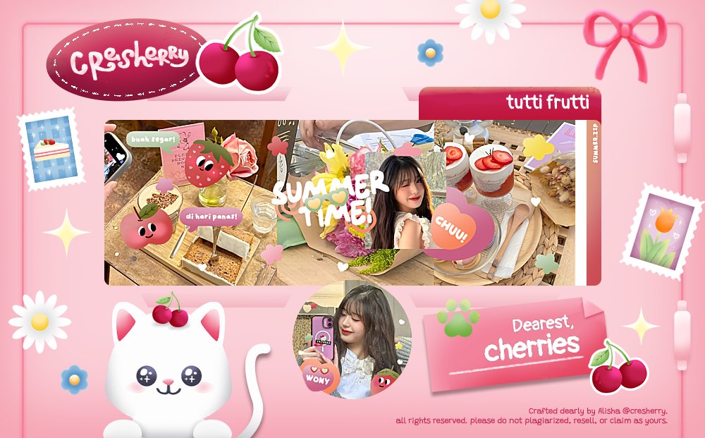 haing! 🍒🌺🍊🍓🍀

kali cresherry kembali membawa anak baru ya g segar seperti pasar buah, namanya 'tutti frutti' 🥹 mohon disayangi anak baru lucuku ini ya, temen-temen.. oh iya! layoutnya juga ufs, boleh dm aku kalo mau take ya. makaci banyak 🩷