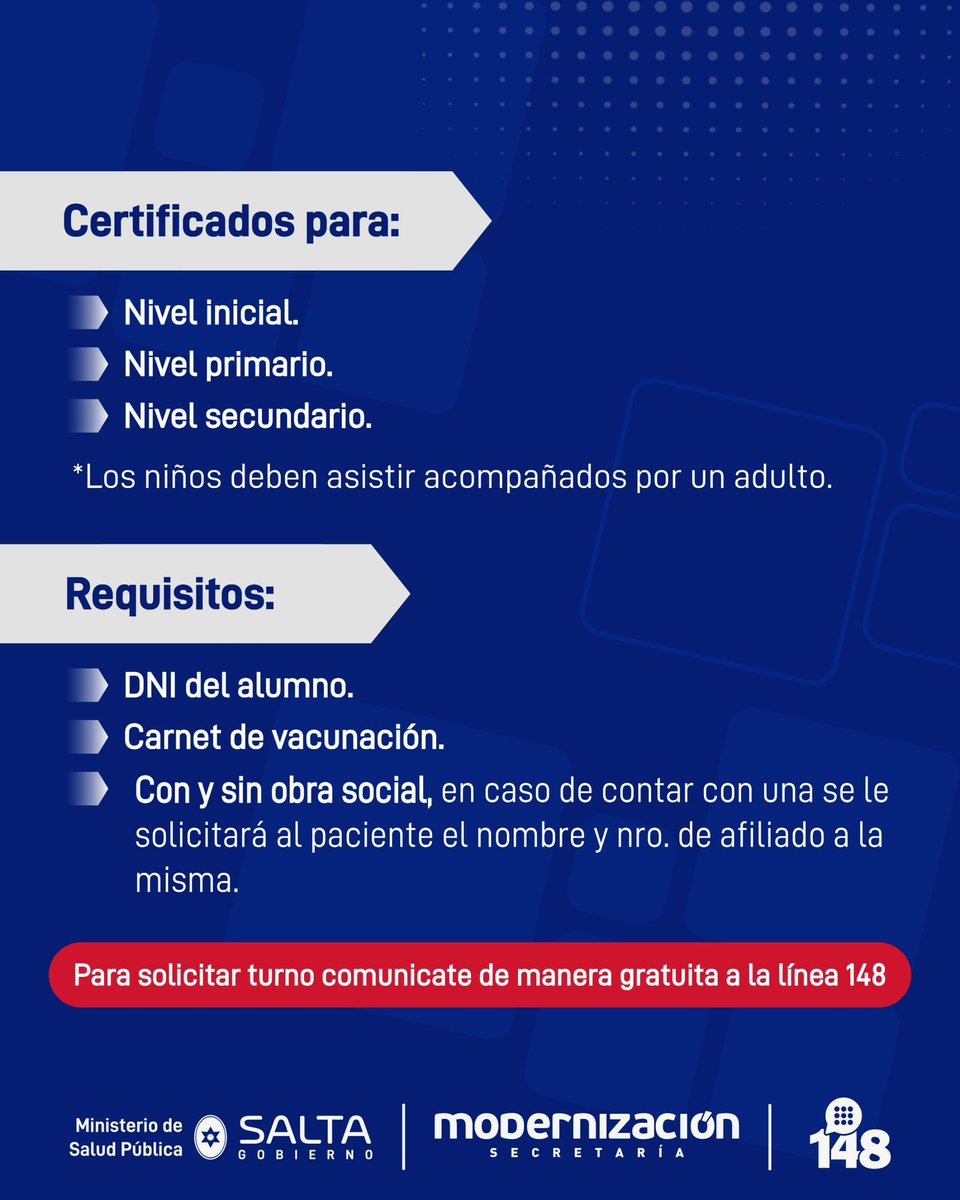 En Salta Capital ya se otorgan turnos para Certificados Escolares. Podés obtenerlo comunicándote de forma gratuita a la  Línea 148 📲
#vueltaaclases
#certificadosescolares 
<a href="/MinSaludSalta/">Ministerio de Salud Pública de Salta</a> 
<a href="/Modernizacionok/">Modernización Salta</a>