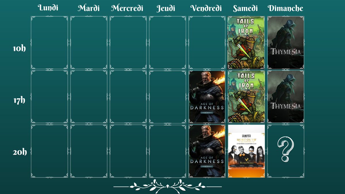 Pressea_'s tweet image. La Neige c'est bien, mais ce qui est encore mieux c'est de vous retrouver 🤍❄️

Ce Vendredi soir : #AgeofDarkness 🔥

Samedi 10h : Découverte de A à Z de #TailsofIron 🐀

Samedi 21h : JDR "Mort ou Vif" chez @VLTIMA_VERBA 🎲

Dimanche 10h : Découverte de A à Z de #Thymesia 💀
