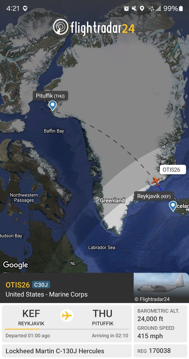 Borrowed7Time's tweet photo. USMC C-130J 170038 #AE6A13 as OTIS26 en route to Pituffik Space Base (Thule AB) from KEF.
USAF KC-135R x3 heading in the same direction:
62-3564 #AE07BC
62-3573 #AE038C
63-8874 #AE062C
@sipjack1776 https://t.co/W5lVOx6q0F