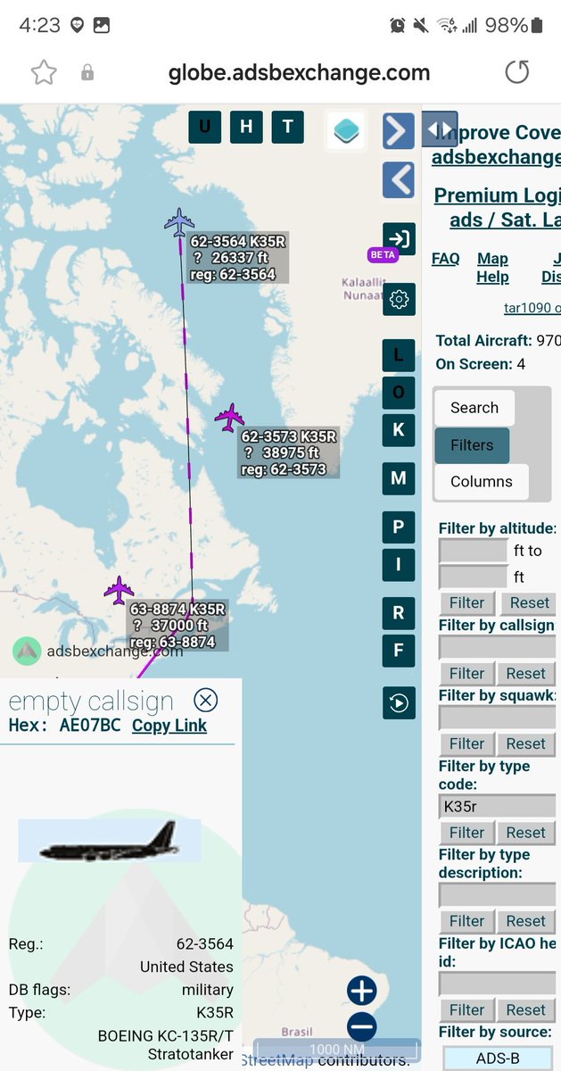 Borrowed7Time's tweet photo. USMC C-130J 170038 #AE6A13 as OTIS26 en route to Pituffik Space Base (Thule AB) from KEF.
USAF KC-135R x3 heading in the same direction:
62-3564 #AE07BC
62-3573 #AE038C
63-8874 #AE062C
@sipjack1776 https://t.co/W5lVOx6q0F