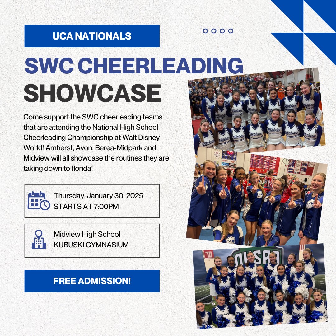 MidviewCheer's tweet image. 🌟 Countdown to UCA Nationals! 🌟
The big day is almost here, and we’d love for you to see everything we've been working on all season long! Come out and support the SWC Cheerleading Teams before we head to Florida for UCA Nationals.
📅 Date: January 30th
🕖 Time: 7:00 PM