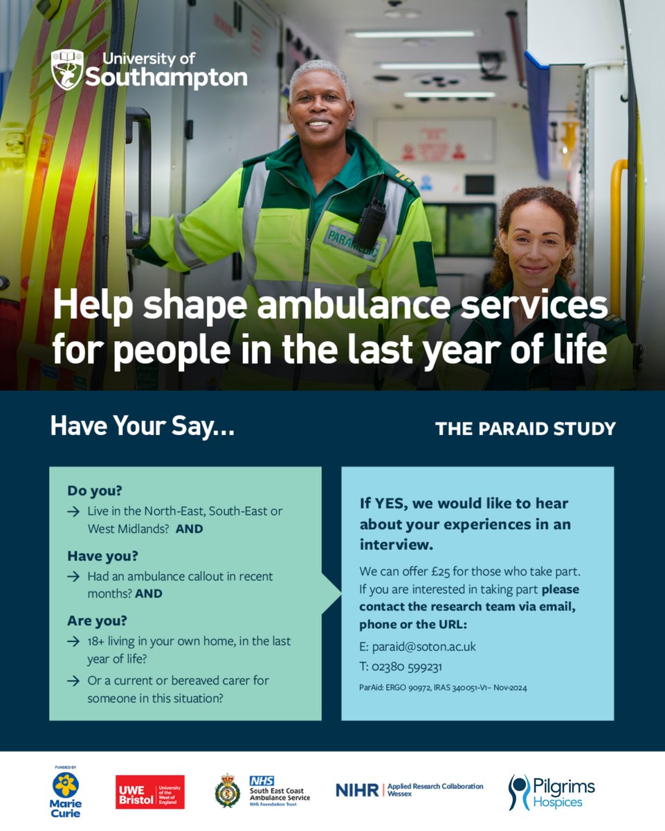 PilgrimsHospice's tweet photo. We're supporting the @ParAidStudy evaluating paramedic care in the last year of life. If you're eligible + interested in taking part in an interview about your experience, see the poster for details, and contact the research team or complete this form: https://t.co/eZejPyFJ2b 💙 https://t.co/UgRT3KGx1J