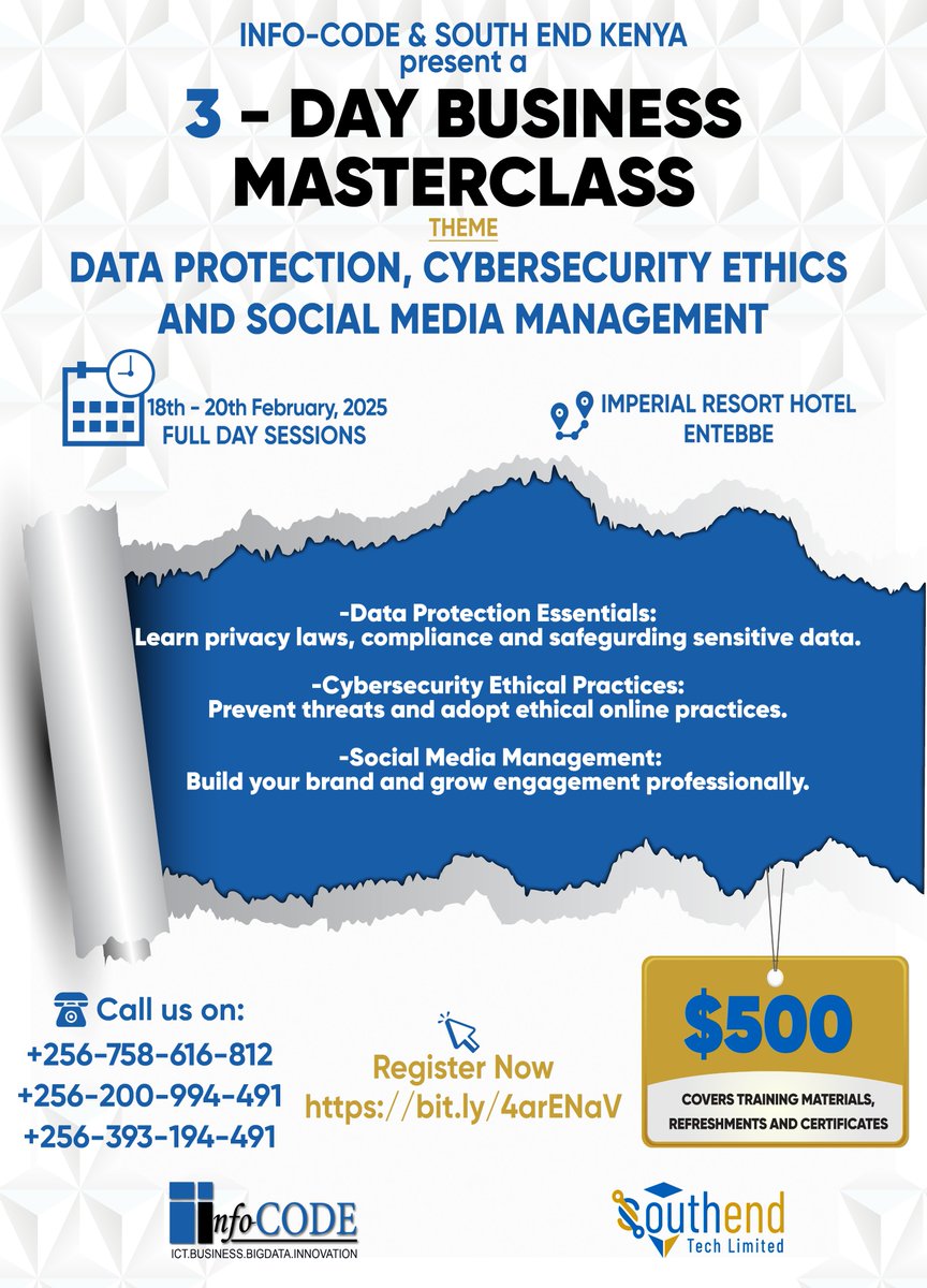 ConsultsCode's tweet photo. 🚨 Attention Professionals!  Join our 3-Day Business Masterclass: Learn Data Protection, Cybersecurity Ethics, and Social Media Management at our 3-Day Masterclass. 💵$500 (includes materials, refreshments &amp; certificate). Register now: https://t.co/zGqz4fv8Mv #BusinessSolutions https://t.co/DLWO2x6XAc