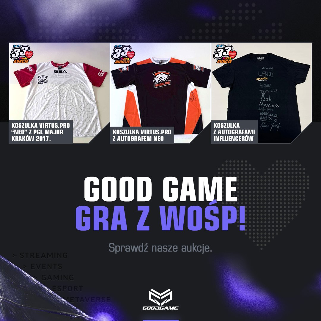 Przedstawiamy Wam esportowe 3⃣ aukcje na 3⃣3⃣. Finał #WOSP2025 ❤️

Wszystkie licytacje wystartowały od 100 złotych, a kwoty lecą szybko do góry, więc radzimy się spieszyć. 
👉 bit.ly/VPwosp
👉 bit.ly/NEOautograf
👉 bit.ly/RockstarInflu

Powodzenia. 😎