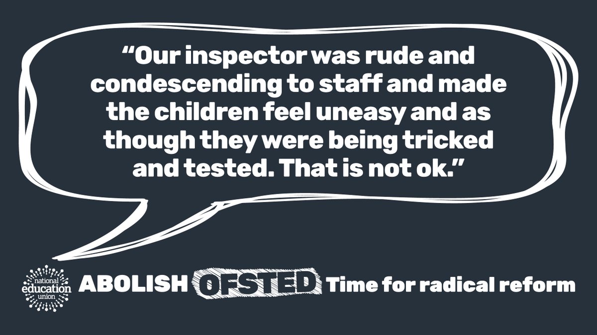 NEUnion's tweet photo. Instead of an inspectorate that supports educators and pupils, we have a disciplinarian organisation that makes them anxious. That must change. Removing one-word judgements is a welcome start - but change must go further. #TimeForRadicalReform https://t.co/b5QVvAnwfN