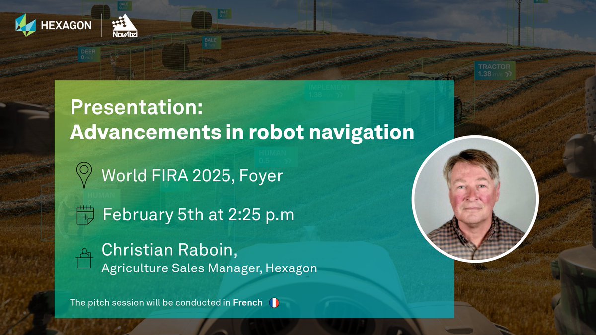Struggling to get your robots ready for production? Christian Raboin, our Agriculture Sales Manager will present the advancements in navigation for ag robots and how you can get to a production quality machine faster. Learn more at hxgn.biz/3E8VaNN 

➔ Booth 27