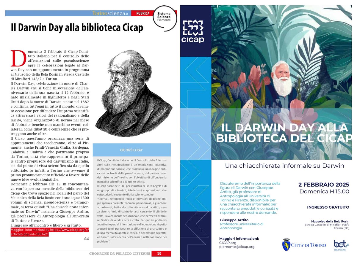 🧬 #torinoscienza 🧬 Sull'ultimo numero di #Cronache, nella rubrica dedicata alla scienza e al #SistemaScienzaPiemonte, parliamo del #DarwinDay con un incontro del <a href="/cicap/">CICAP</a> Piemonte in programma a Torino al Mausoleo della Bela Rosin il prossimo 2 febbraio alle 15