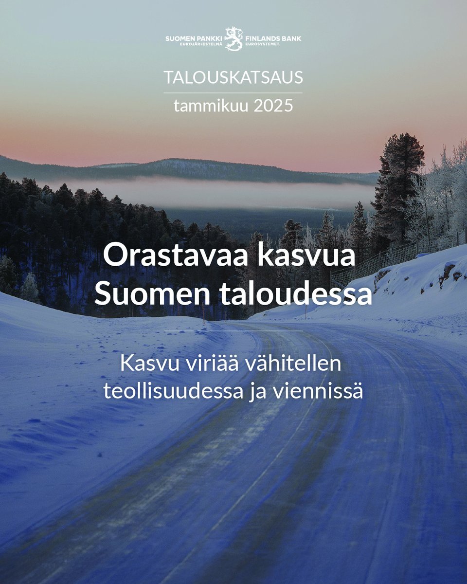 Julkaisimme tammikuun talouskatsauksen:
📊 Talous alkoi kasvaa hitaasti vuonna 2024 
📊 Teollisuustuotanto piristyi hieman loppuvuodesta
📊 Vienti kasvoi viime vuoden 3. neljänneksellä
📊 Työttömyys lisääntyi syksyn aikana 

🔗 eurojatalous.fi/fi/2025/artikk…

#Talous
#EuroJaTalous