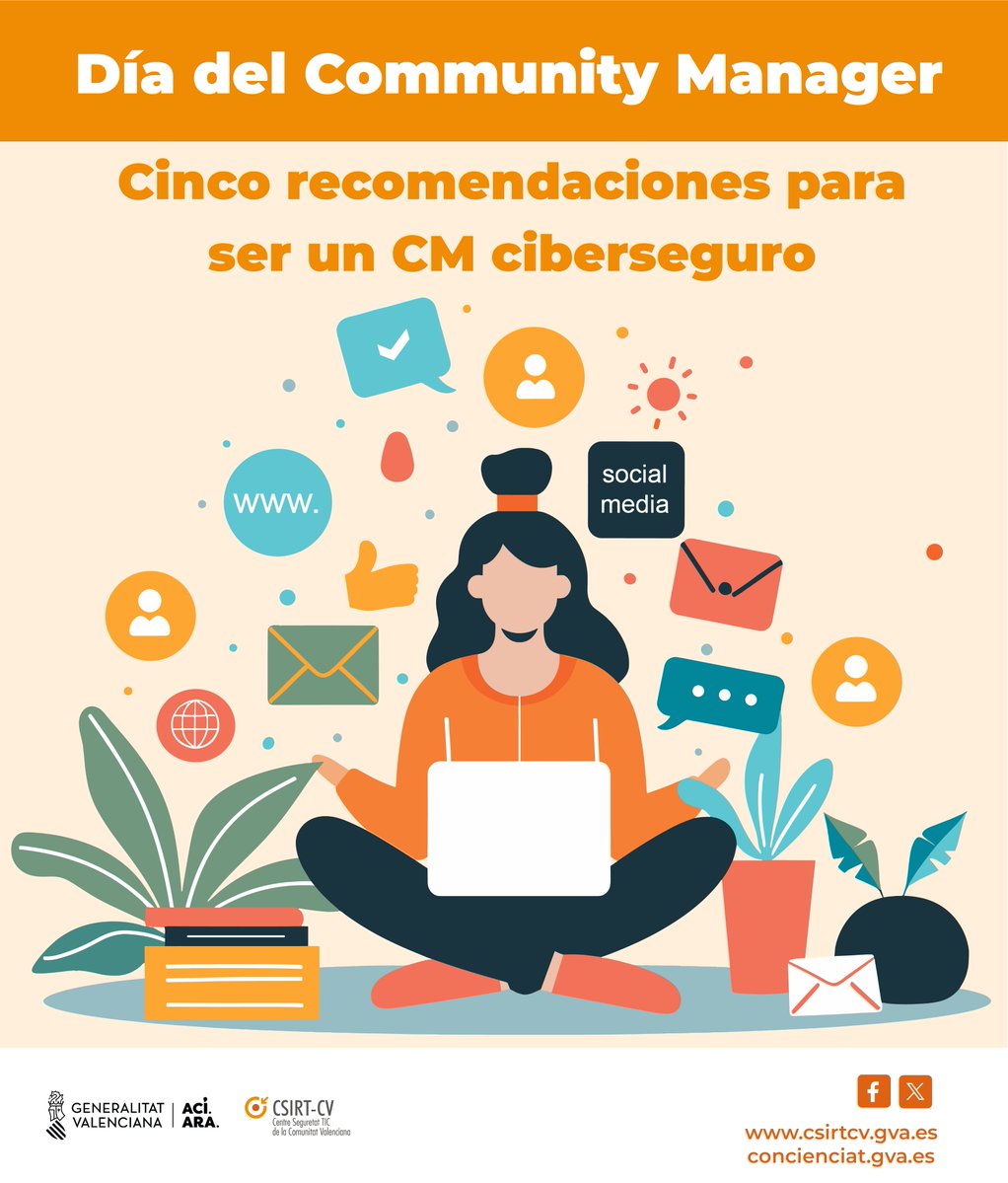 GVATalaia's tweet photo. 🦹¿Usas contraseñas fáciles, no activas el doble factor de autenticación y te cuesta detectar un phishing?
📲Community Manager, estas 5⃣ recomendaciones de CSIRT-CV te interesan:
🔗https://t.co/7BCJhFhyrQ #RRSS #CMD #DCM #CMDAY #Ciberseguridad @GVAhisenda https://t.co/br7lZMB0jM