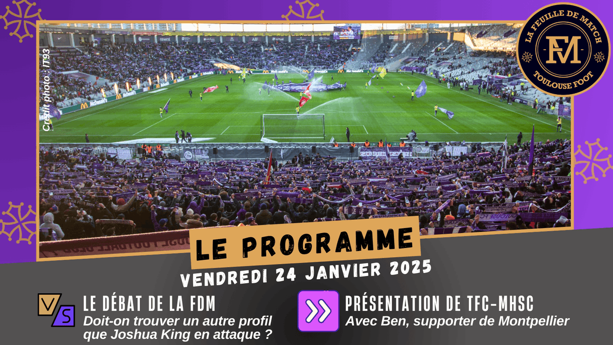 📻Le programme de la #FDMToulouse Foot de ce vendredi 20H

▶️Actus du TFC, 8è de finale #CoupeDeFranceFéminine TFC-<a href="/FCF91_feminines/">FC Fleury 91 Féminines</a> avec les coachs Antoine Gérard &amp; Frédéric Biancalani
▶️Le débat : doit-on trouver un autre profil que Joshua King en attaque ?
▶️Présentation