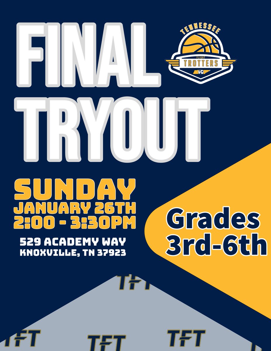 TN Trotters Final Tryout for 3rd-6th grade girls this weekend. Sunday 2:00-3:30 at CAK. See you there!!