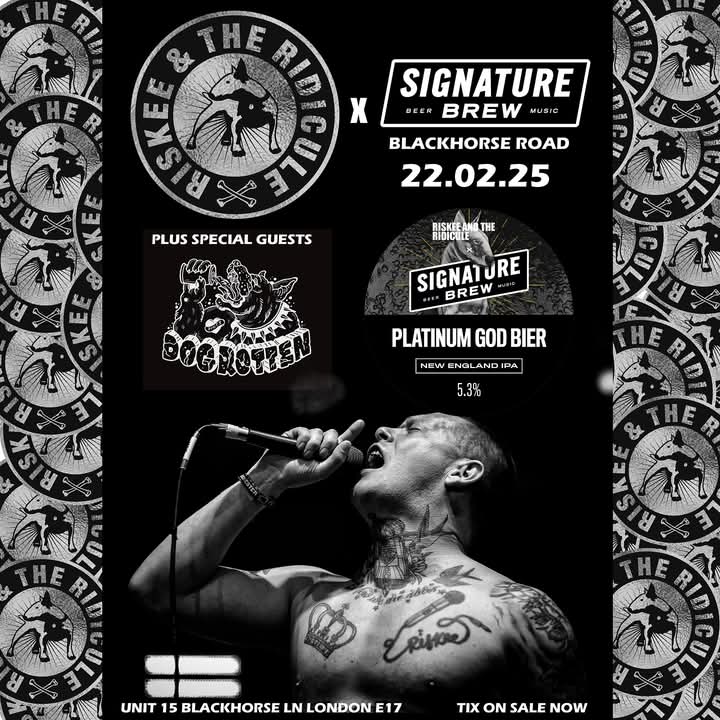 Wanna try the Riskee brew? 🍺🍺🍺 You’ve got ONE chance this year. Get yourself to our show at <a href="/SignatureBrewBH/">Signature Brew Blackhorse Rd</a> at the end of Feb. Tickets on all your favourite exploitative booking platforms.