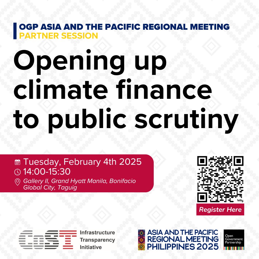 To address the urgent need to improve the transparency, participation, and accountability of climate finance, we will host this side event at the <a href="/opengovPH/">Philippine Open Government Partnership</a> to discuss approaches and tools to open up climate finance to public scrutiny  Register here 👉 bit.ly/40erZA9