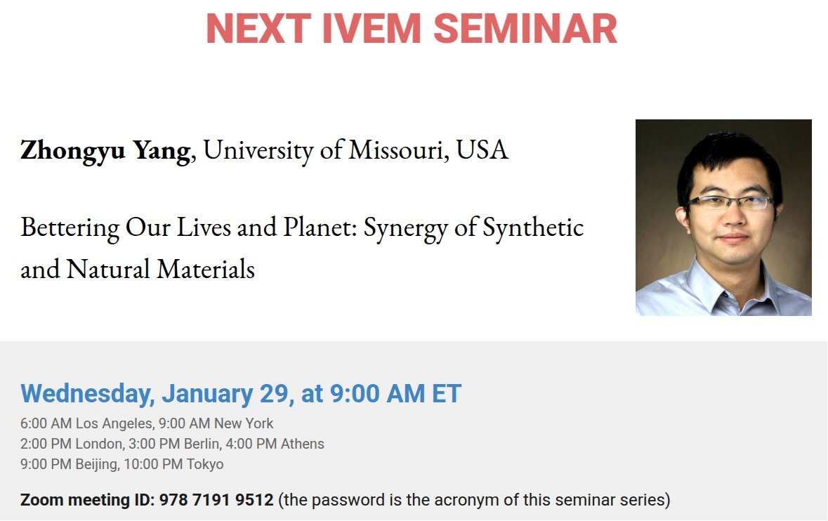IVEM_meeting (@ivem_meeting) on Twitter photo Next #IVEM seminar is on Wed, Jan 29, 9:00 AM ET š Zhongyu Yang (Univ. of Missouri, USA) will present: 'Bettering Our Lives and Planet: Synergy of Synthetic and Natural Materials.' šāØ #Sustainability <a href="/EPR_ESR/">International EPR Society</a> <a href="/RSC_ESR/">RSC_ESR</a> <a href="/nmr900/">Magnetic Resonance News</a> <a href="/european_epr/">European Federation of EPR groups (EFEPR)</a> <a href="/PEPR_Facility/">Centre for Pulse EPR Spectroscopy (PEPR)</a> Next #IVEM seminar is on Wed, Jan 29, 9:00 AM ET š Zhongyu Yang (Univ. of Missouri, USA) will present: 'Bettering Our Lives and Planet: Synergy of Synthetic and Natural Materials.' šāØ #Sustainability <a href="/EPR_ESR/">International EPR Society</a> <a href="/RSC_ESR/">RSC_ESR</a> <a href="/nmr900/">Magnetic Resonance News</a> <a href="/european_epr/">European Federation of EPR groups (EFEPR)</a> <a href="/PEPR_Facility/">Centre for Pulse EPR Spectroscopy (PEPR)</a>