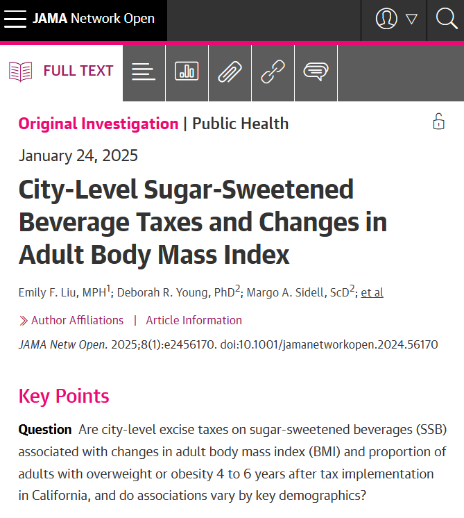 California’s sugar-sweetened beverage (SSB) taxes were associated with reduced mean BMI among adults in some demographic subgroups. ja.ma/40LRomb