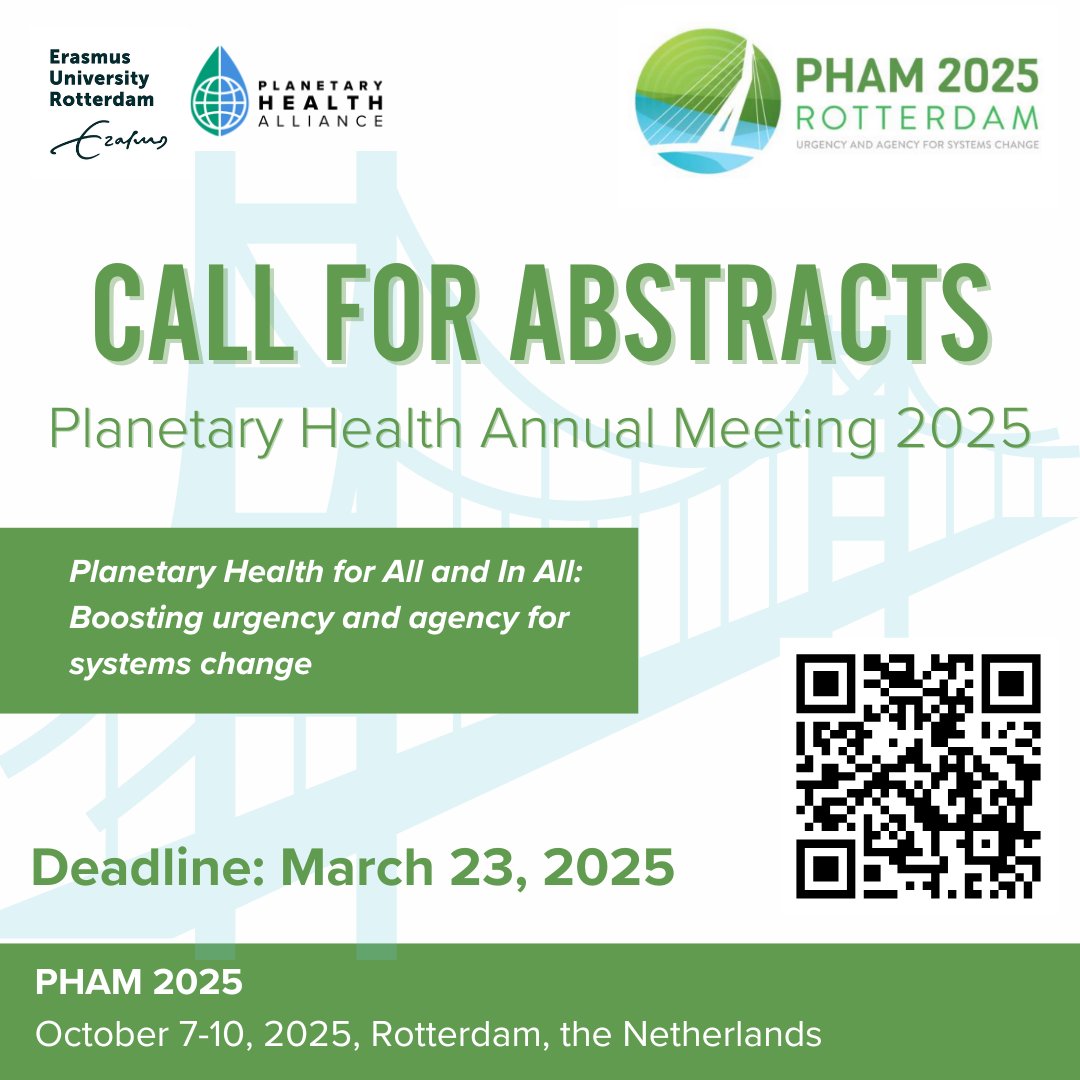 📣 The call for abstract submissions is NOW OPEN for #PHAM2025!

Share your groundbreaking work with the global #PlanetaryHealth community—it’s time to act now to create a thriving future for both people and the planet.

✨Learn more: pham2025.com/registration-c… 

@ErasmusUni