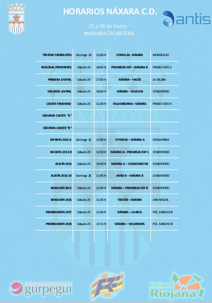 ⚽️ PARTIDOS NÁXARA C.D. ⚽️

Horarios del fin de semana 25 y 26 de Enero.

#AúpaNáxara #SoyDelNáxara