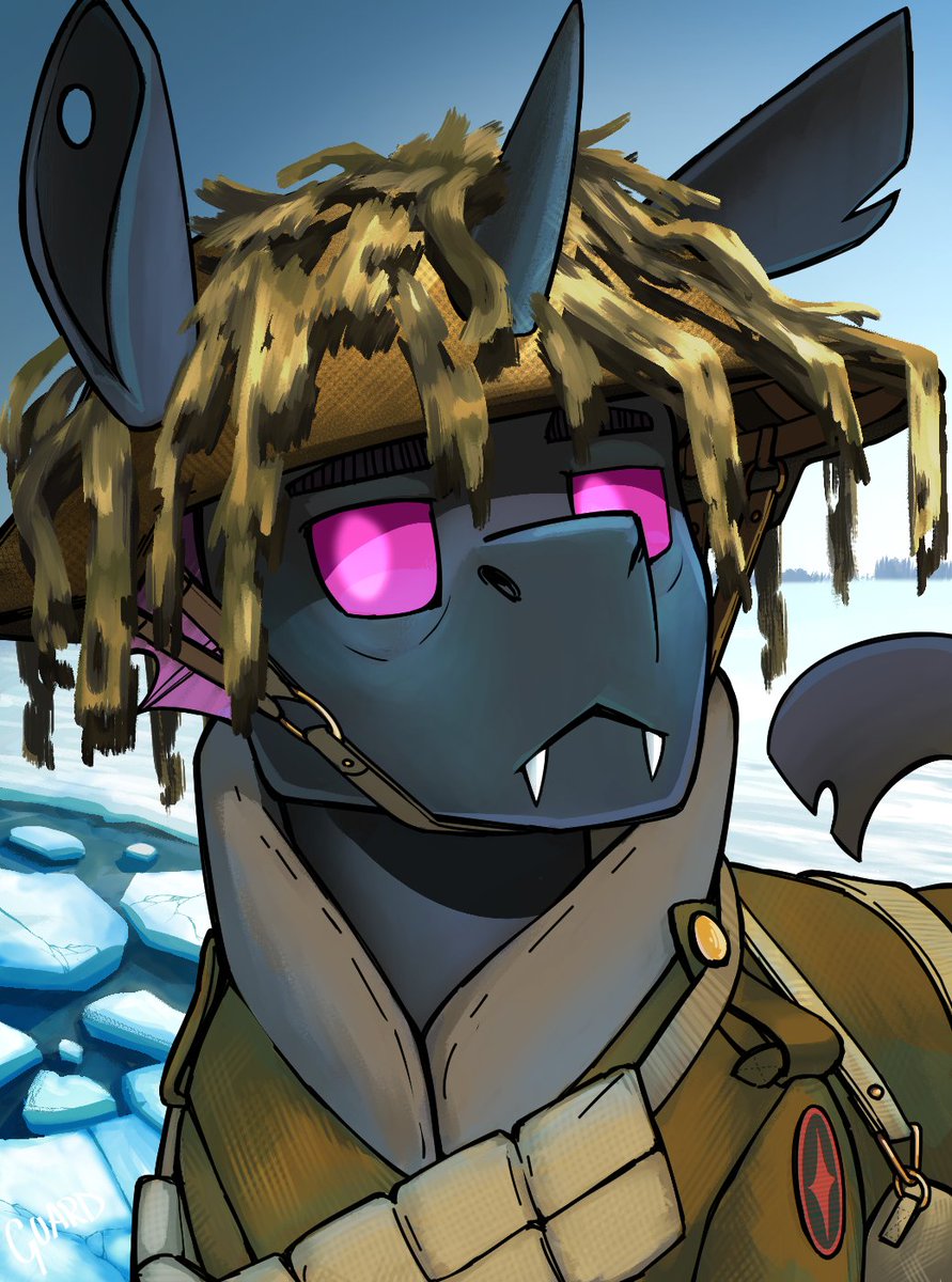 guard_mod's tweet image. Changeling soldier with camo scrim on their helmet. Portrait commission for EaW