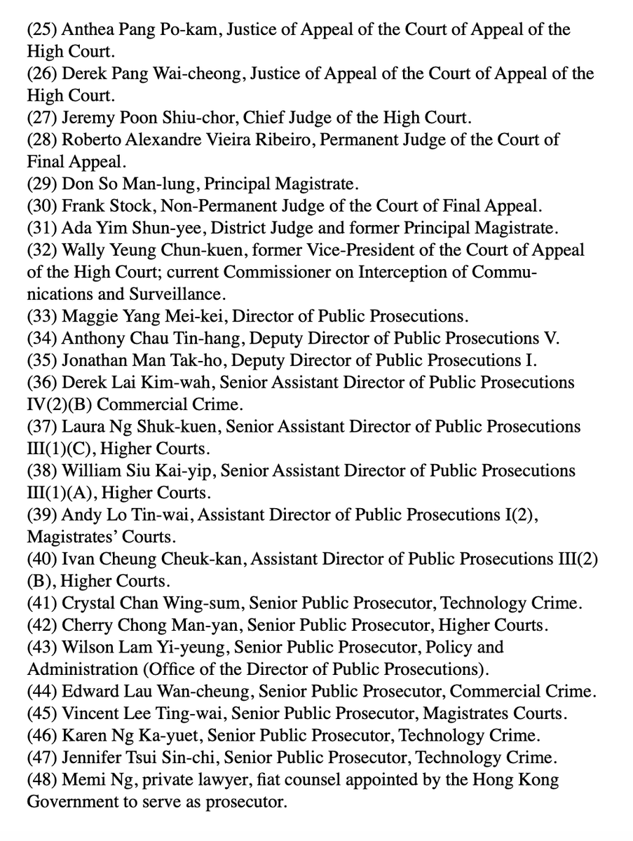 The list of officials to be sanctioned in the Hong Kong Sanctions Act is a who’s-who of rights abusers: SecForJustice, NSC head, Police Commissioner, 29 judges &amp; 16 prosecutors in political trials. HKers will be pleased to see them held accountable.
x.com/hkdc_us/status…
