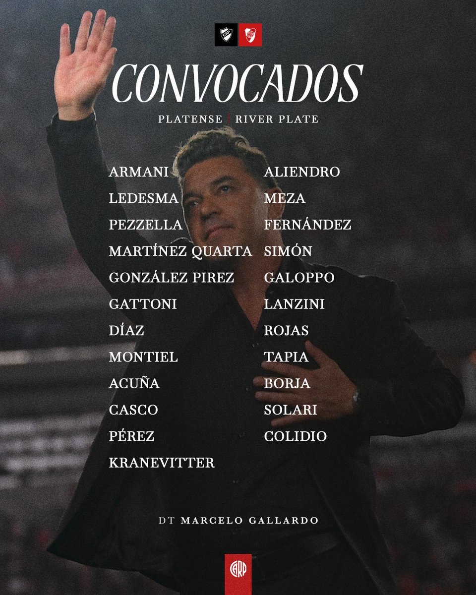 RiverPlate's tweet photo. 📝 Los convocados por Marcelo Gallardo para nuestro debut en el Torneo Apertura 🆚 Platense. ⚽💪

#VamosRiver ⚪🔴⚪ https://t.co/pWkjh8r3Db