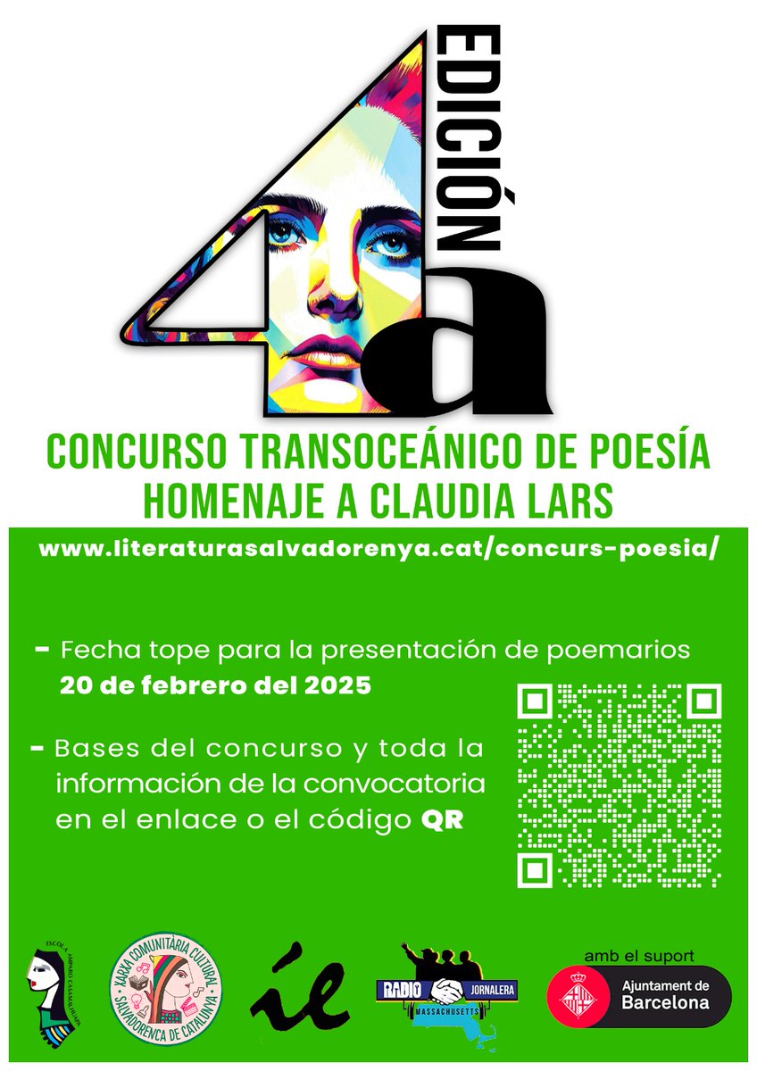 ¡Saludos!
Ya estamos recibiendo propuestas de poemarios para la 4ª edición del Concurso Transoceánico de Poesía Homenaje a Claudia Lars y estamos entusiasmados!

📅 El plazo para inscribirse finaliza el próximo 20 de febrero.

📜 Encontraréis las Bases en el QR y en nuestra web.