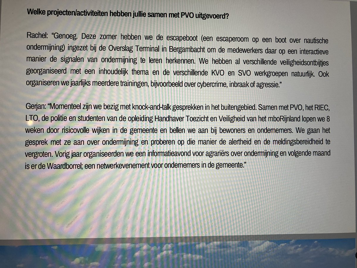 SVO werkgroep Veilig Buitengebied Krimpenerwaard bijgewoond. Ook met boa’s Staatsbosbeheer en Zuid-Hollands Landschap. Met elkaar actielijst en afspraken gemaakt over delen meldingen van onveiligheid, zoals drugsafval. Begeleiding werkgroep door Platform Veilig Ondernemen (PVO).