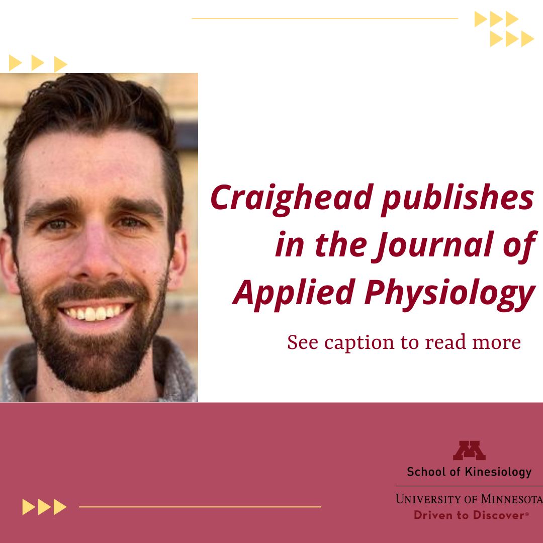 Daniel Craighead, PhD, published a manuscript titled "Oxidative stress suppresses internal carotid artery dilation to hypercapnia in older adults," examining how reactive oxygen species impact brain blood vessel function. Read more: kin.umn.edu/craighead-publ…