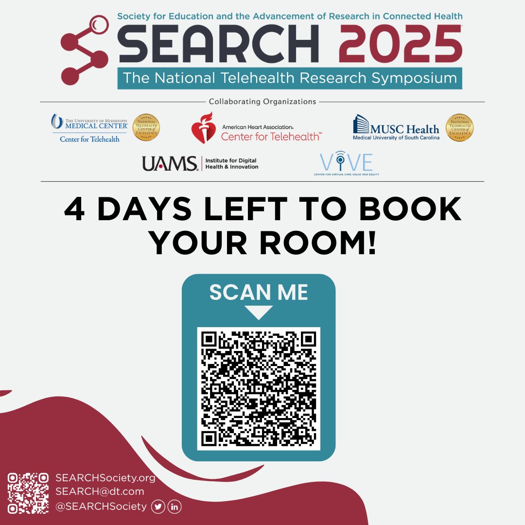 4 days left to book your stay at the Sheraton Grand LA! 
Join telehealth's brightest minds for groundbreaking sessions at $239/night 🏨 

Booking link: bit.ly/4g9nKvL

#telehealthresearch #telehealth #SEARCH2025