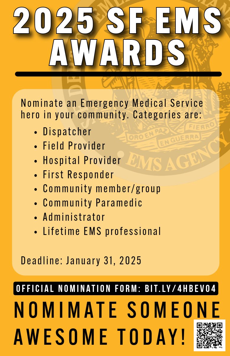 San Francisco Department of Emergency Management (@sf_emergency) on Twitter photo It's that time of year to recognize an Emergency Medical Service hero for their service to our City. Don't miss this opportunity! The <a href="/SF_EMSA/">San Francisco Emergency Medical Services Agency</a> #SF Emergency Medical Service Awards official nomination form is open now. Deadline: January 31
🗳️bit.ly/4hbEVO4 It's that time of year to recognize an Emergency Medical Service hero for their service to our City. Don't miss this opportunity! The <a href="/SF_EMSA/">San Francisco Emergency Medical Services Agency</a> #SF Emergency Medical Service Awards official nomination form is open now. Deadline: January 31
🗳️bit.ly/4hbEVO4