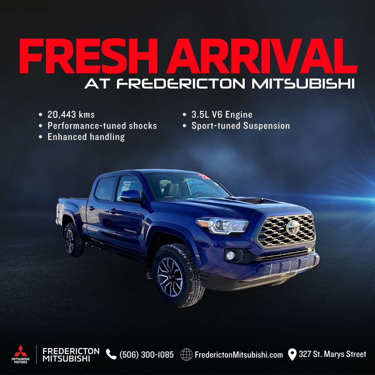 FredMitsubishi's tweet image. 🚨 Fresh Arrival Alert! 🚨

Check out this 2023 Toyota Tacoma TRD Sport, now available at Fredericton Mitsubishi!
Don't miss out on this incredible truck! Visit us today or check it out online.

#frederictonmitsubishi #mitsubishi  #fresharrival #usedcars