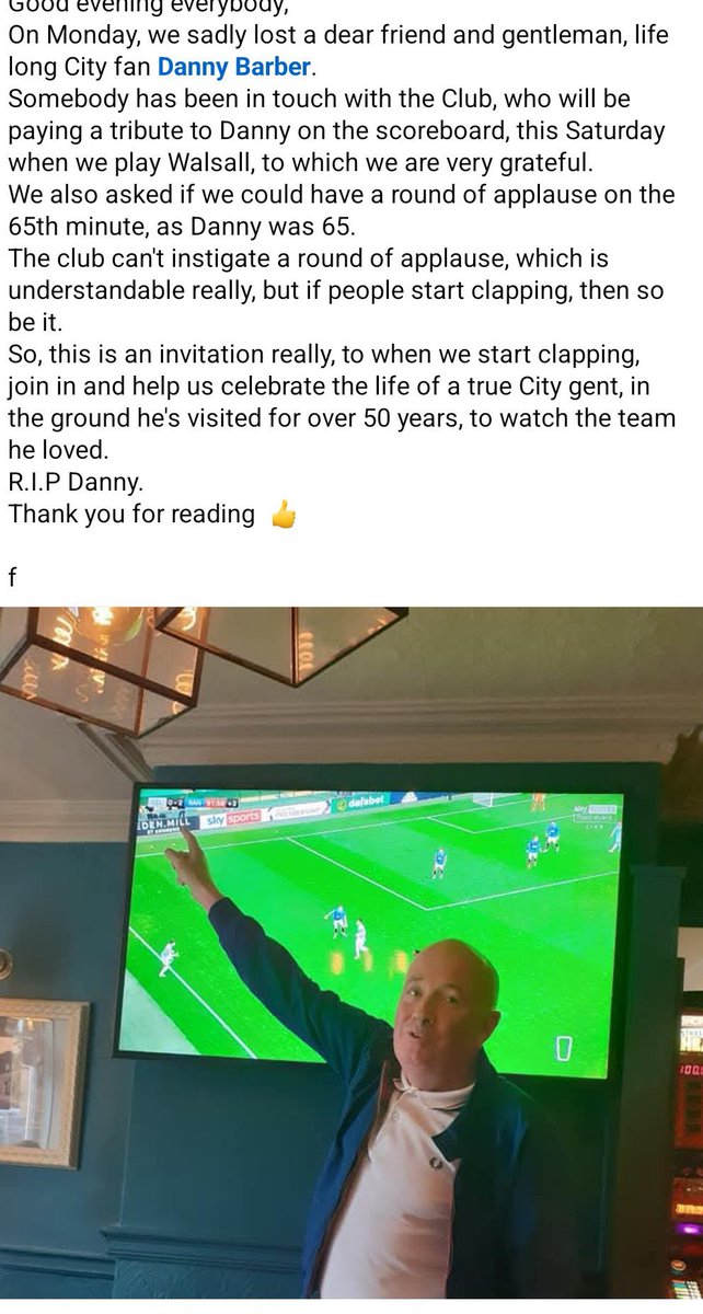 Sadly a mate of mine’s dad passed away recently. He was a huge City fan, one of us.

His family will be at the game tomorrow and it’d mean the world to them for this to happen. 

RIP Danny.

#bcafc #bantams