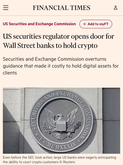 BREAKING: 🇺🇸 U.S. SECURITIES REGULATOR OPENS DOOR FOR WALL STREET TO HOLD CRYPTO!

Wall Street CEOs are "ready to go bigger in crypto," CNBC reports.

ft.com/content/24854c…

YOU'RE NOT BULLISH ENOUGH! 💥📈

Comment Below &amp; Follow For More!! 👇👇
$BTC $XRP $SOL $ADA $HBAR $DAG