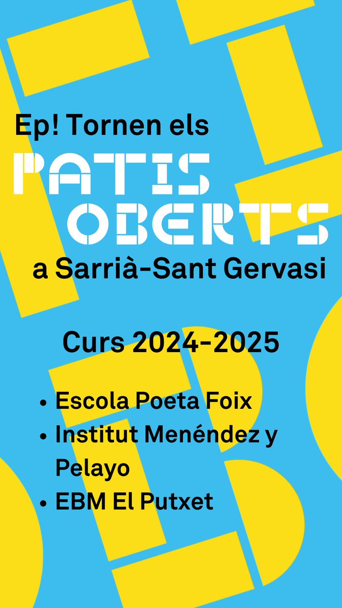 🌻 A #SSTG els caps de setmana pots venir a 3 #PatisOberts.

Són espais a disposició de tothom per jugar, aprendre i també fer vida comunitària!

ℹ️ s.mtrbio.com/jeolmtdjcf

#BCNCiutatEducadora