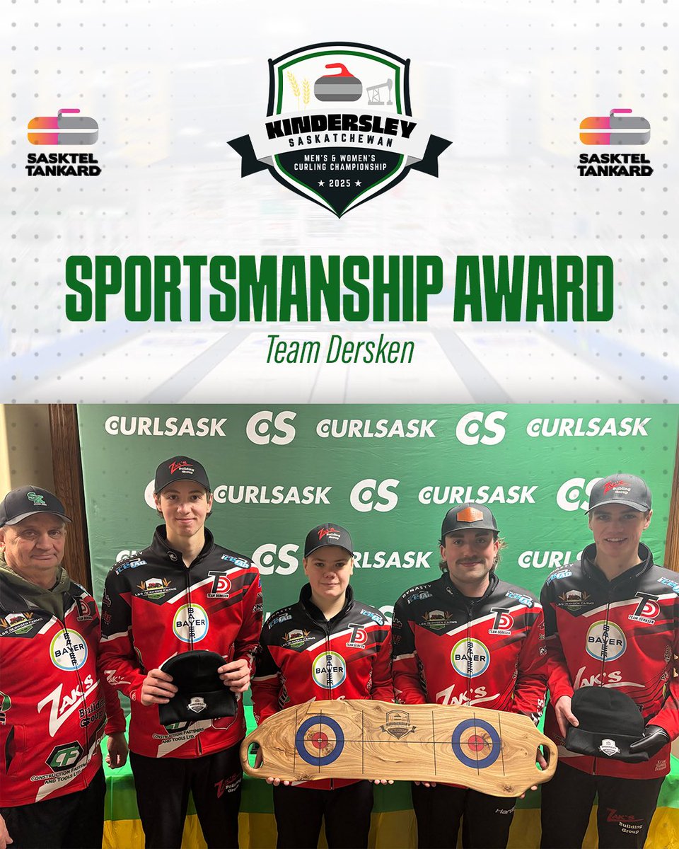 25CSChampions's tweet photo. The 2025 SaskTel Men’s Tankard - Kindersley Curling Championships Sportsmanship Award is earned by Team Derksen! Congratulations! 😃 #SaskTelMensTankard https://t.co/uk5ZwBaEAG