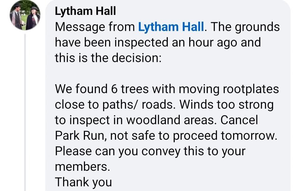 Sorry folks, #StormEowyn got @LythamHall good and the grounds are unsafe for tomorrow’s event so we are CANCELLING. Safety first!