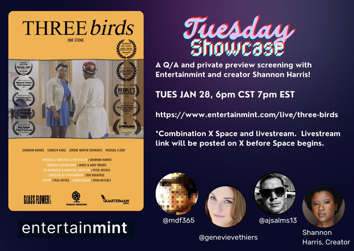 Entertainmint (@entertainmintco) on Twitter photo Join our next Tuesday Showcase on the 28th at 6pm CST 7pm EST with creator Shannon Harris, showcasing her short Three Birds, now available on Entertainmint! #film3 #Filmmaker <a href="/screenwriting/">Jenny White</a> Join our next Tuesday Showcase on the 28th at 6pm CST 7pm EST with creator Shannon Harris, showcasing her short Three Birds, now available on Entertainmint! #film3 #Filmmaker <a href="/screenwriting/">Jenny White</a>