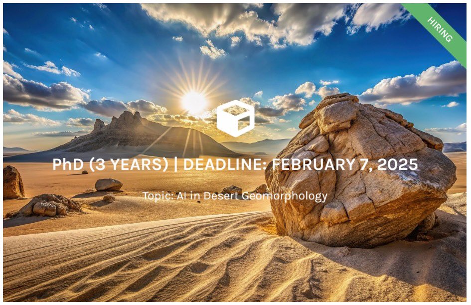 🌍 PhD in AI in Desert Geomorphology
🔎Join a <a href="/dfg_public/">DFG public | @dfg_public@wisskomm.social</a> funded project mapping desert pavements in Namibia using AI, remote sensing &amp; fieldwork.
🗓️Start: 01 June 
Apply by: 07 Feb
📍Part-time (75%), fixed-term until 31 May 2028.
<a href="/geobrenning/">Alexander Brenning</a> 
🔗 : jobs.uni-jena.de/jobposting/1ef…