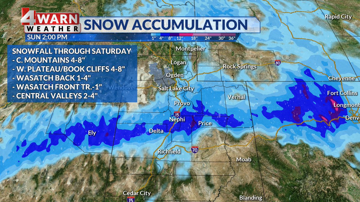 StormySandersWX's tweet photo. A band of snow will set up tonight into Saturday for portions of N. and C. Utah. Snowfall amounts for the Wasatch Plateau, Book Cliffs, and C. Mtns is 4-8" while most valleys from SLC south to Fillmore is 1-4". Wasatch Front will see a trace-1". Snow in S. Utah late Sun-Tue. https://t.co/L0vAlXMOfh