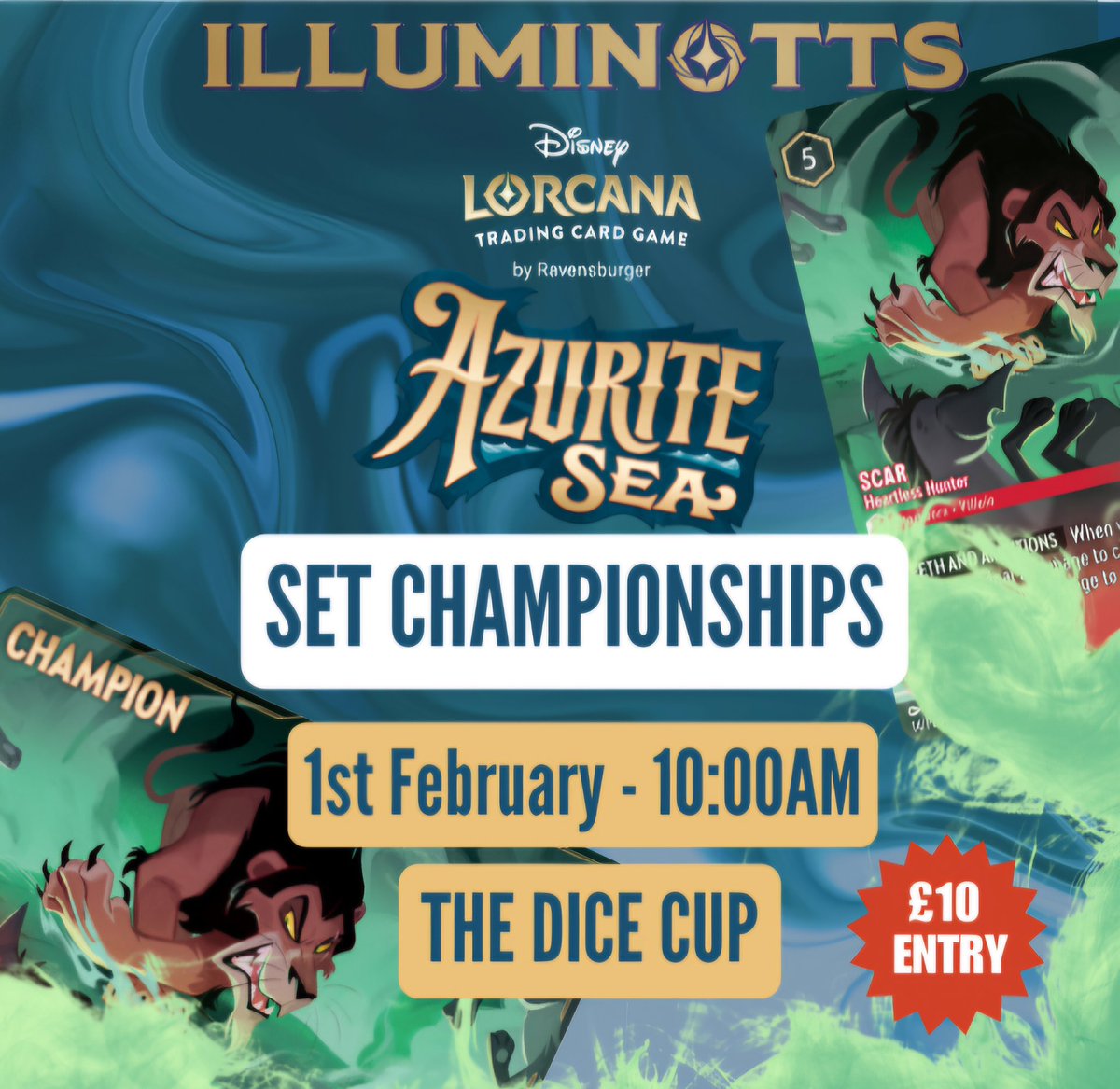 Illuminotts present the Azurite Sea Set Championship <a href="/TheDiceCup/">TheDiceCup</a> !!!
Joins us 1st February for your chance to win: Scar Heartless Hunter Enchanted card and a Champion playmat! Top 8 get an Enchanted, 2nd gets a playmat and 1st gets the Champion marked playmat!🔥 <a href="/DisneyLorcana/">Disney Lorcana</a>