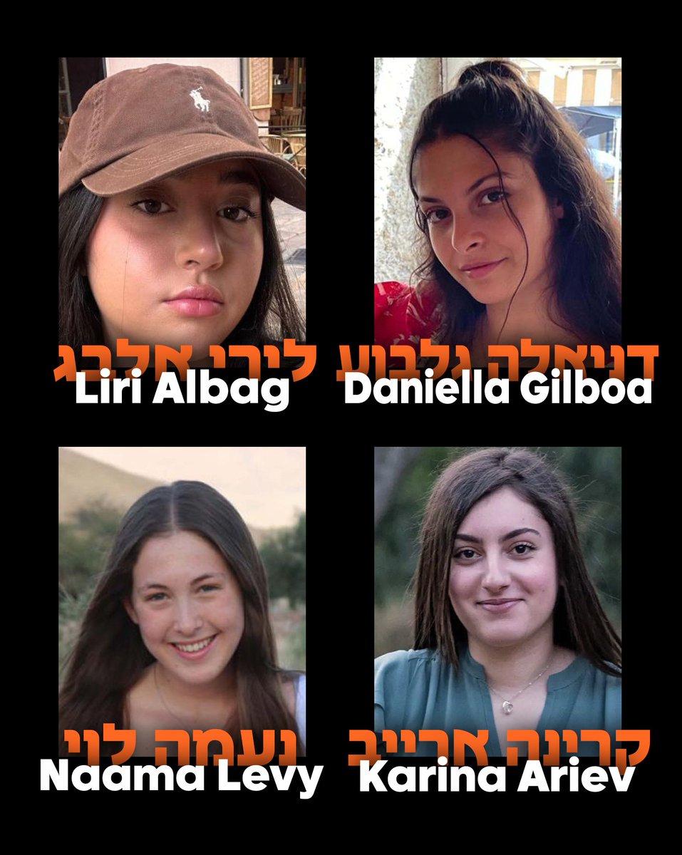 BREAKING: Israel just announced the names of the four Israeli hostages that are supposed to be released from Hamas captivity tomorrow. The four names are: 
🎗️Liri Albag (19)
🎗️Karina Ariev (20)
🎗️Daniella Gilboa (20)
🎗️Naama Levy (20)