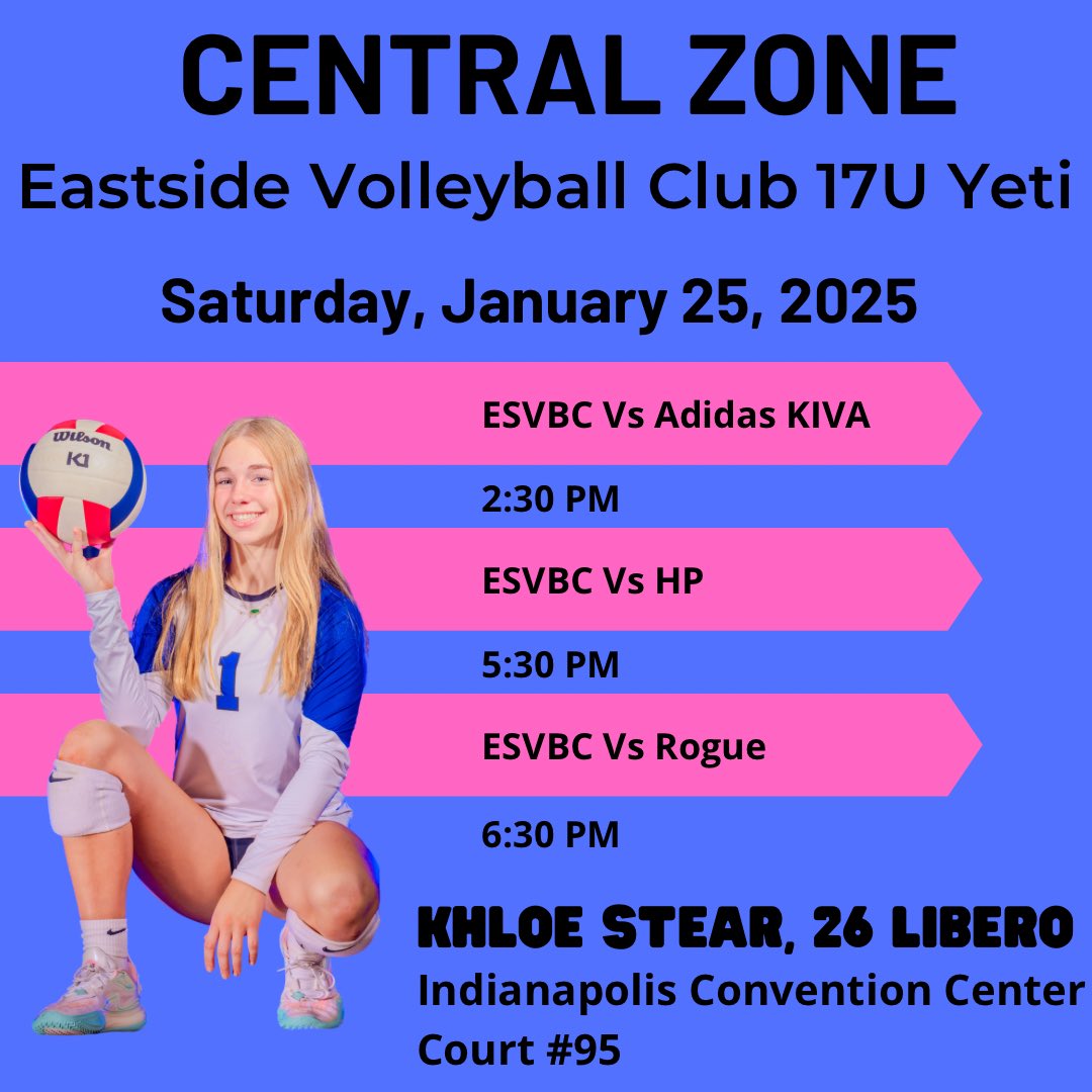 khloestear's tweet photo. 🏐 Excited for Day 1 of the Central Zone Tournament in Indianapolis! 🎉
Catch me and my team, ESVBC 17U Yeti National, in action at the Indiana Convention Center, Court 95!
🕑 2:30 PM
🕔 5:30 PM
🕕 6:30 PM
Coaches, I’d love to see you there! Let’s go Yeti!💪✨ #CentralZone #ESVBC https://t.co/8D1Ymcf6wC