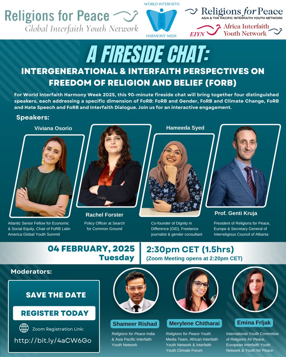 A FIRESIDE CHAT: Intergenerational &amp; Interfaith Perspectives on Freedom of Religion &amp; Belief (FoRB) Concept Note: bit.ly/4h6is5f
Register Here: bit.ly/4aCW6Go <a href="/religions4peace/">Religions for Peace</a> <a href="/RfPEurope/">Religions for Peace Europe</a> <a href="/rfpeiyn/">RfP EIYN</a>   <a href="/forstervrachel/">Rachel Forster</a> <a href="/VivianaOsorioP/">Viviana Osorio</a> <a href="/acrl_rfp/">African Council of Religious Leaders</a> <a href="/AIYN_ACRL/">AFRICA INTERFAITH YOUTH NETWORK (AIYN)</a> <a href="/RfP_GIYN/">RfP Global Interfaith Youth Network</a>