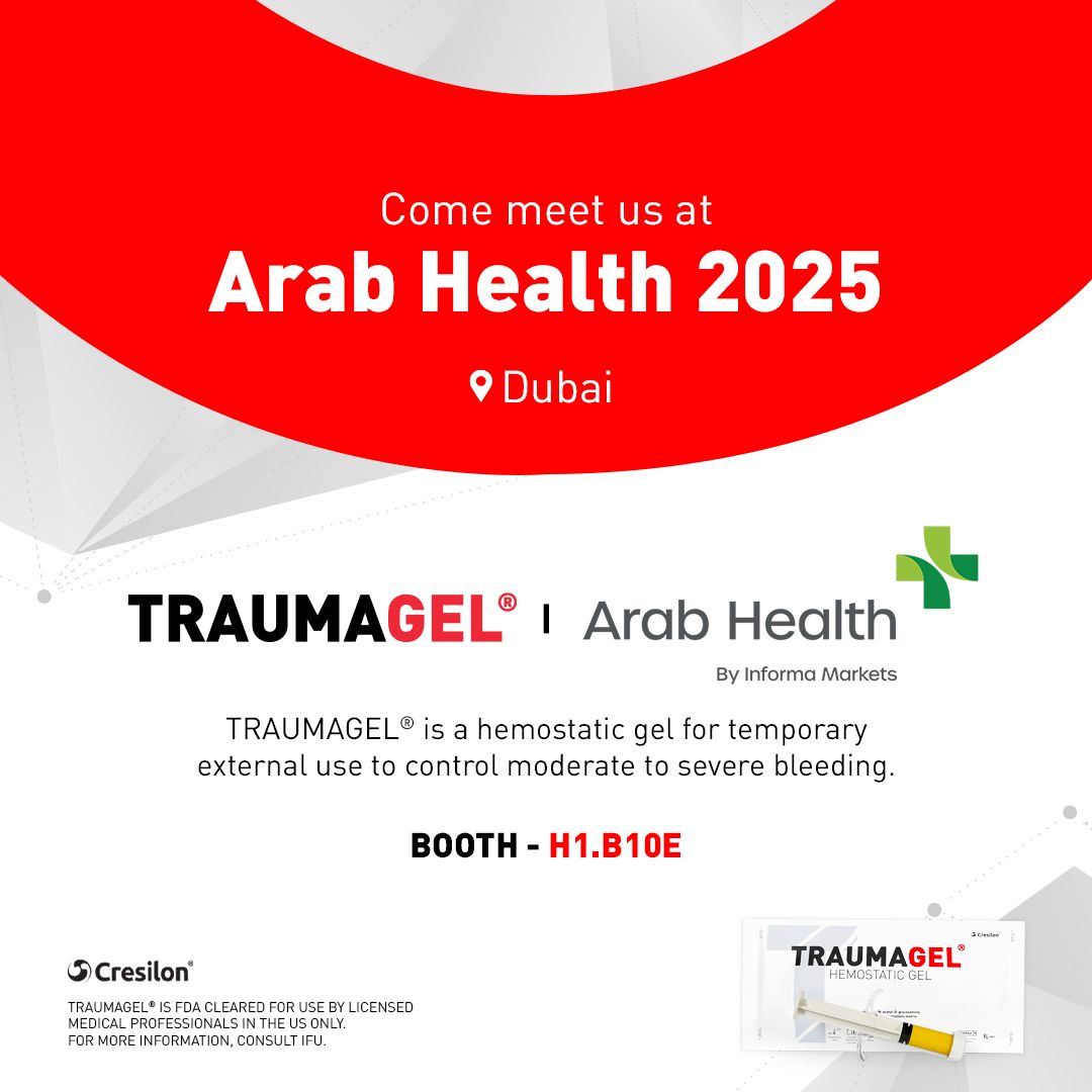 Visit us at Arab Health 2025, booth H1.B10E to learn how TRAUMAGEL® can control bleeding in seconds.

__

#traumacare #biotechnology #ArabHealth2025